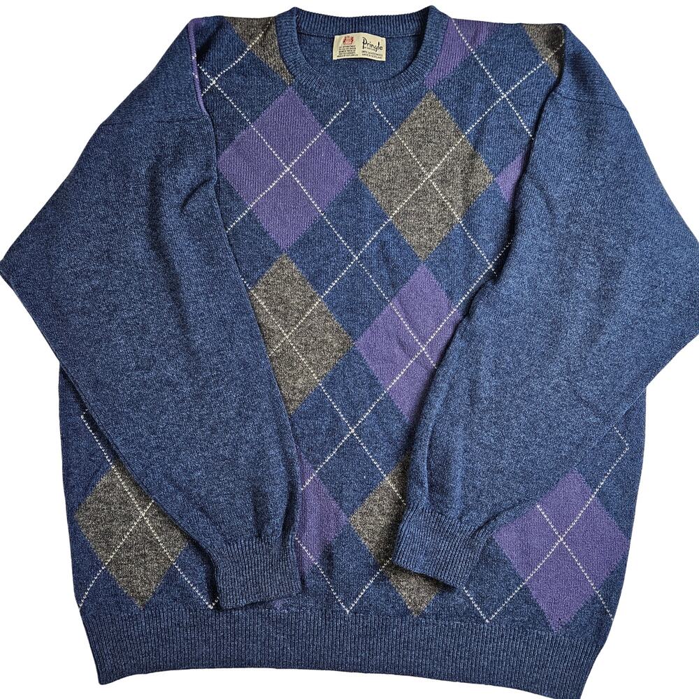 Vintage Pringle of Scotland Mens Large Lambswool V-Neck Argyle Sweater Blue